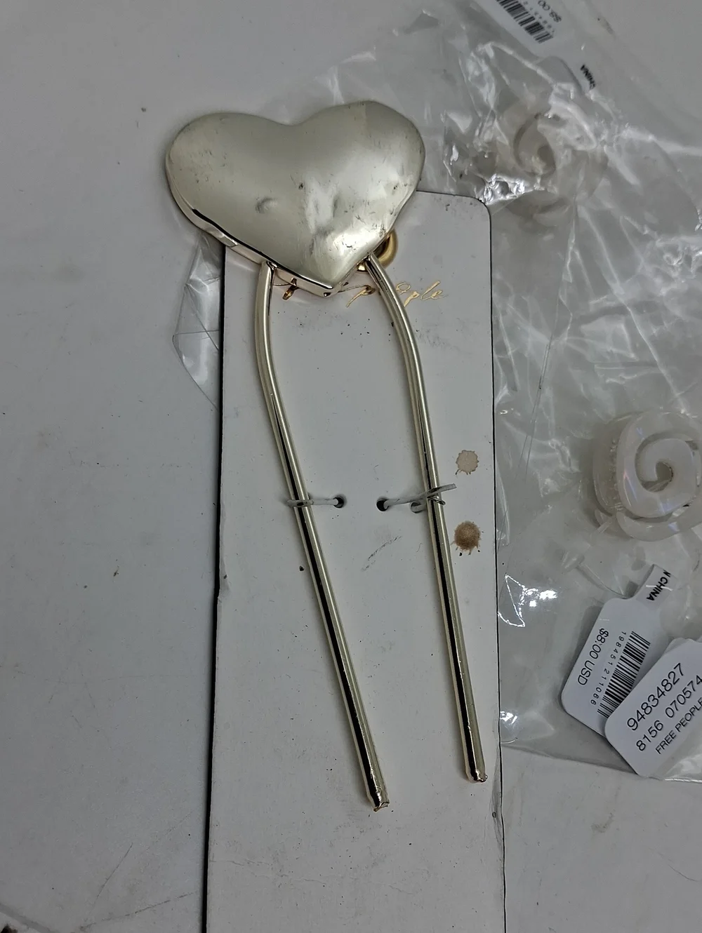 NWT Free People Gold Heart Hair Fork with 5 Cream & Green Spiral Hair Clips